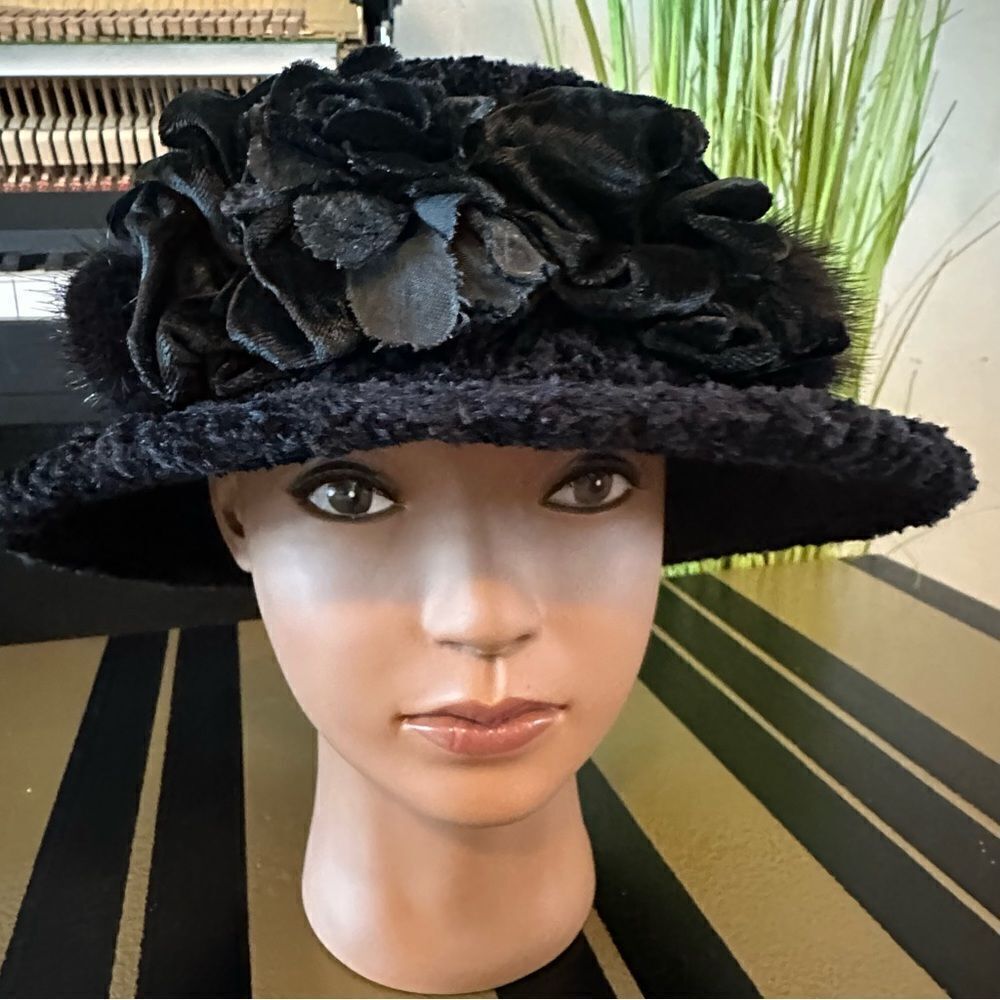 Vintage Mitchie's black hat with tonal textured 3D flowers and fur poms …